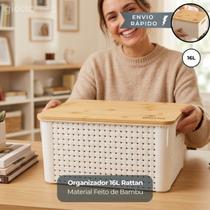 Organizador Rattan 16L Off White Giotto Caixa Multiuso Tampa de Bambu