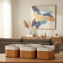 Organizadores De Bambu Com 3 Cestos Multiuso Closet Conjunto