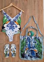 Original! Kit Conjunto Praia Farm Azulejo Macau: Chinelo Havaianas + Maiô + Sacolinha Coco