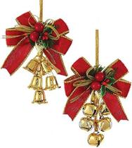 Ornamentos Kurt Adler, laço vermelho e dourado com sinos, 2 sortidos