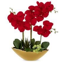 Orquídea artificial Briful 43 cm com flores de seda vermelha em vaso dourado