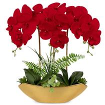 Orquídea Artificial Briful 46 cm Roja con Jarrón Cerámico Dorado
