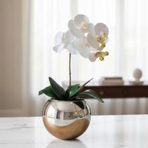 Orquídea Branca Artificial Arranjo no Vaso Espelhado Flores Permanentes