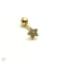 Ouro 18k Piercing Flor Estrela com Pedras Curvado Cartilagem Hook Helix Tragus Orelha CO110K045