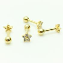 Ouro 18k Piercing Flor Estrela com Pedras Reto Cartilagem Tragus Orelha CO110K045.