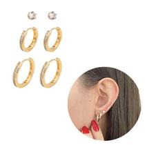 Ouro 18k Trio Argolinha click cravejada 1 fileira banhada 3 peças aneis de orelha