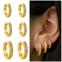 Ouro 18k Trio Argolinha click cravejada 1 fileira banhada 3 peças aneis de orelha