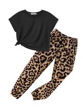 Outfit Arshiner Girl's Leopard, manga curta, blusa curta e calça Outfit Arshiner Girl's Leopard, manga curta, blusa curta e calça