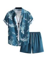 Outfit COZYEASE Hawaiian para homens, camisa e shorts azul-petróleo