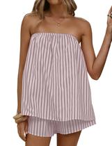 Outfit Fameetor feminino listrado de 2 peças, camiseta tubular e shorts