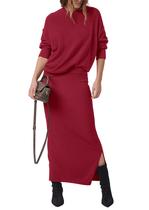 Outfit PRETTYGARDEN, suéter feminino e saia maxi, vinho tinto, XL Outfit PRETTYGARDEN, suéter feminino e saia maxi, vinho tinto, XL