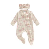 Outfit Romper Footies Waffle Bow Zip Up Macacão para menina