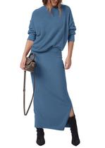 Outfit: suéter feminino e saia maxi, preTTYGARDEN, cinza, azul, XL