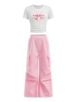 Outfit WDIRARA, 2 peças, blusa e calça curtas com estampa de laço Outfit WDIRARA, 2 peças, blusa e calça curtas com estampa de laço