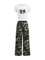 Outfit WDIRARA, 2 peças, blusa e calça curtas com estampa de laço