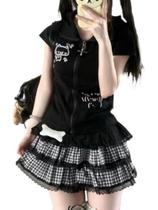 Outfit Xojbzoo Y2K Cat Ear com zíper e saia preta plissada