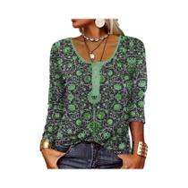 Outono botão fino estampa étnica plus size camiseta feminina de manga comprida