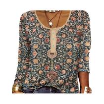 Outono botão fino estampa étnica plus size camiseta feminina de manga comprida