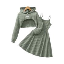Outono e inverno feminino e infantil casual elegante curto top e vestido conjunto de duas peças