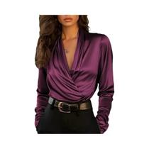 Outono high-end temperamento profissional cetim com decote em v design versátil topo feminino