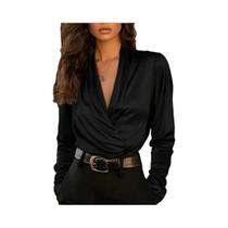 Outono high-end temperamento profissional cetim com decote em v design versátil topo feminino Outono high-end temperamento profissional cetim com decote em v design versátil topo feminino