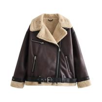 Outono novo estilo europeu e americano feminino solto moda com cinto gola dupla face casaco