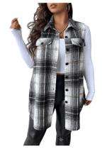 Outwear, colete, jaqueta xadrez de tweed, camisa feminina com botões Outwear, colete, jaqueta xadrez de tweed, camisa feminina com botões