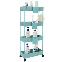 OVAKIA 4-Tier Slim Rolling Utility Cart Storage Shelves Trolley Storage Organizer Rack com Cestas de Malha / Rodízios de Roda para Lavanderia Despensa Banheiro Banheiro Casa Estreita (Teal)