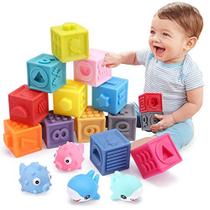 OWNONE 1 Baby Soft Blocks, Empilhamento de Blocos de Construção, Dentes e Espremer Brinquedos para Bebês, 16PCS Blocos de Cubos com Números Animais Frutas, Brinquedos Macios para Bebês Crianças de 6 a 12 Meses Acima