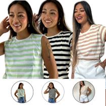 Pack 3 T-shirts Listradas de Algodão Meia Malha Nick Pack 3 T-shirts Listradas de Algodão Meia Malha Nick