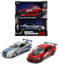 Pack Com 2 Miniaturas Nissan Skyline GT-R Prata e Azul e Mitsubishi Lancer Evolution Vermelho Velozes e Furiosos - Jada