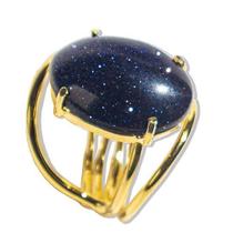 Pacote Atacado 05 Anéis Pedra Estrela Azul Cabochão Oval Pequeno Dourado REFF CP9681