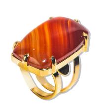 Pacote Atacado com 05 Anéis de Ágata Cornalina Retangular Dourado Ajustável