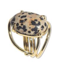 Pacote Atacado com 05 Anéis de Jaspe Dálmata Cabochão Oval Pequeno Dourado