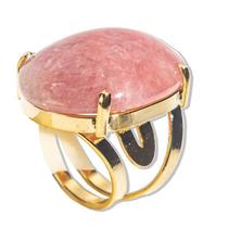 Pacote Atacado com 05 Anéis de Quartzo Morango Cabochão Oval com Montagem Dourada