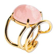 Pacote Atacado com 05 Anéis de Quartzo Rosa Cabochão Oval Pequeno Dourado