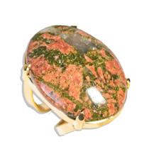 Pacote Atacado com 05 Anéis de Unakita Cabochão Oval em Pedra Natural Dourado Ajustável