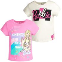 Pacote com 2 Camisetas Barbie para Meninas - Branca/Rosa - Tamanho 6