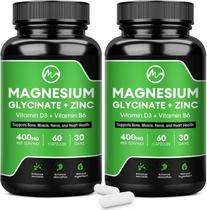 (Pacote com 2) Cápsulas de glicinato de magnésio de 400 mg com zinco, vitamina D3 e B6