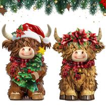 Pacote com 2 estatuetas Burbell de resina Highland Cow, decoração de Natal de 12,5 cm