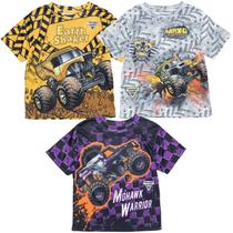 Pacote com 3 camisetas Monster Jam Maximum Destruction Earth Shaker Mohawk Warrior Little Boys amarelos/cinza/roxas 6