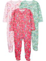 Pacote com 3 pijamas Simple Joys com pés resistentes a chamas para bebês e meninas, 24M