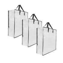 Pacote com 3 sacos de armazenamento transparentes com zíper e alças, cobertores para guardar armários, materiais de mudança e embalagem para a faculdade, organizador de armazenamento embaixo da cama para roupas, travesseiro, roupa de cama, guirlanda de Natal