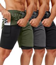 Pacote com 3 shorts de ginástica masculinos 2 em 1 OCYMA para homens com bolsos de 18 cm Pacote com 3 shorts de ginástica masculinos 2 em 1 OCYMA para homens com bolsos de 18 cm