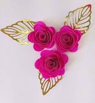 Pacote com 3 unidades de Flores Rosetas de Papel para Topos de Bolos e Artesanato rosa pink em Geral - Jbella personalizados