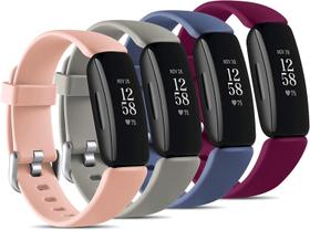 Pacote com 4 pulseiras de reposição compatíveis com Fitbit Inspire 2, acessório ajustável pulseira esportiva de silicone macio para mulheres e homens, azul cinza/rosa/cinza/fúcsia pequena