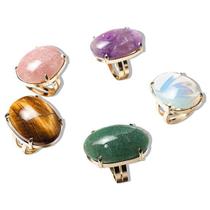 Pacote com 5 Anéis Cabochão Oval de Pedras Naturais Dourado Aro Ajustável para Revenda Pacote com 5 Anéis Cabochão Oval de Pedras Naturais Dourado Aro Ajustável para Revenda