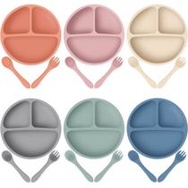 Pacote com 6 pratos infantis de sucção de silicone Potchen com garfo