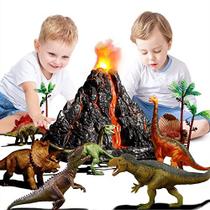 Pacote com 9 bonecos de ação realistas de brinquedos de dinossauro para crianças 2 3 4 5 6 anos, conjunto de brinquedos de vulcão grande com erupções vulcânicas simuladas, sons O vulcão pode armazenar dinossauros, presente para crianças, menino