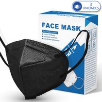 Pacote de 03 Máscaras Descartáveis KN95 PFF2 Preta Com Clipe Nasal e Elástico de Orelha Pacote de 03 Máscaras Descartáveis KN95 PFF2 Preta Com Clipe Nasal e Elástico de Orelha
